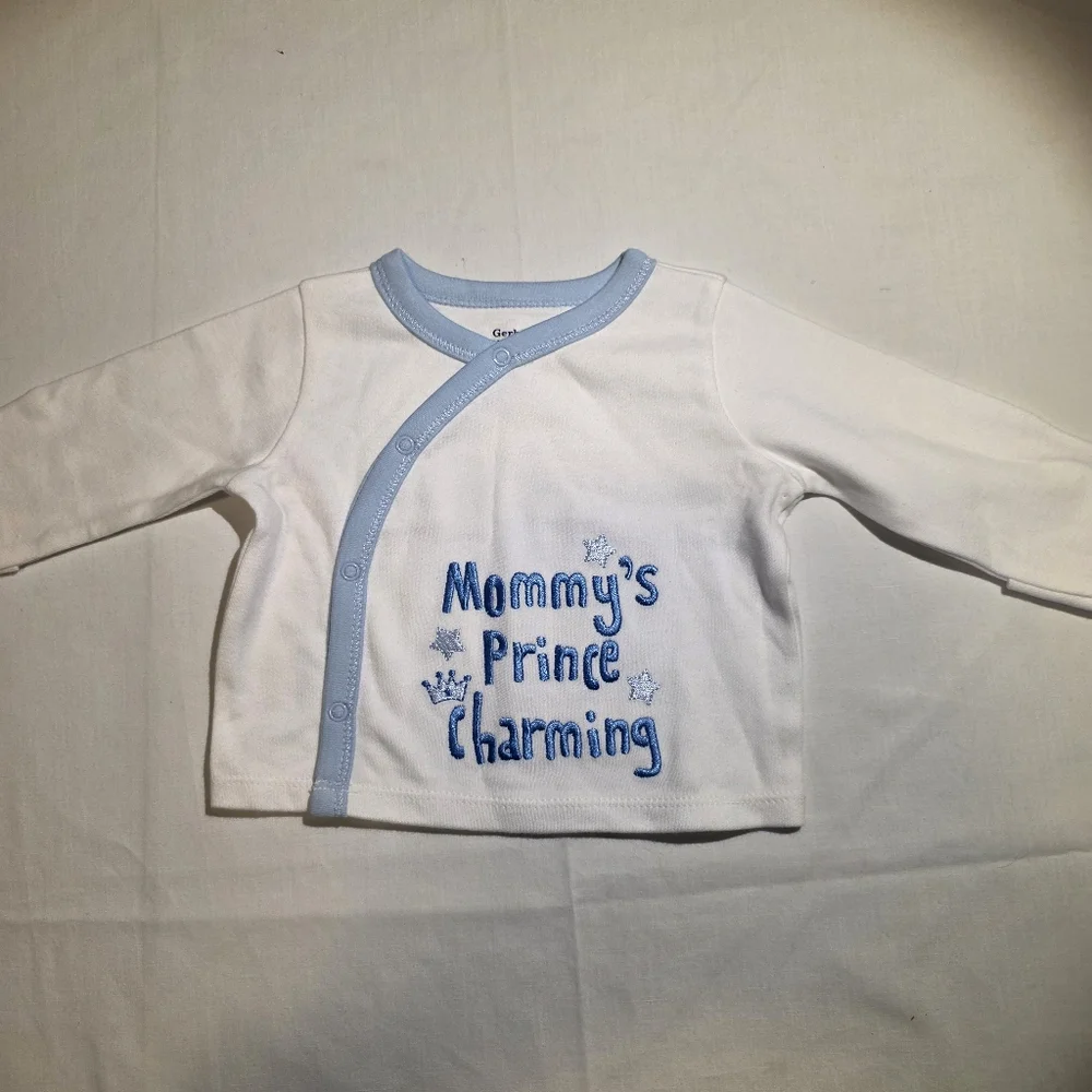 Embroidered White and Blue Baby Shirt Mommy's Prince Charming NWOT